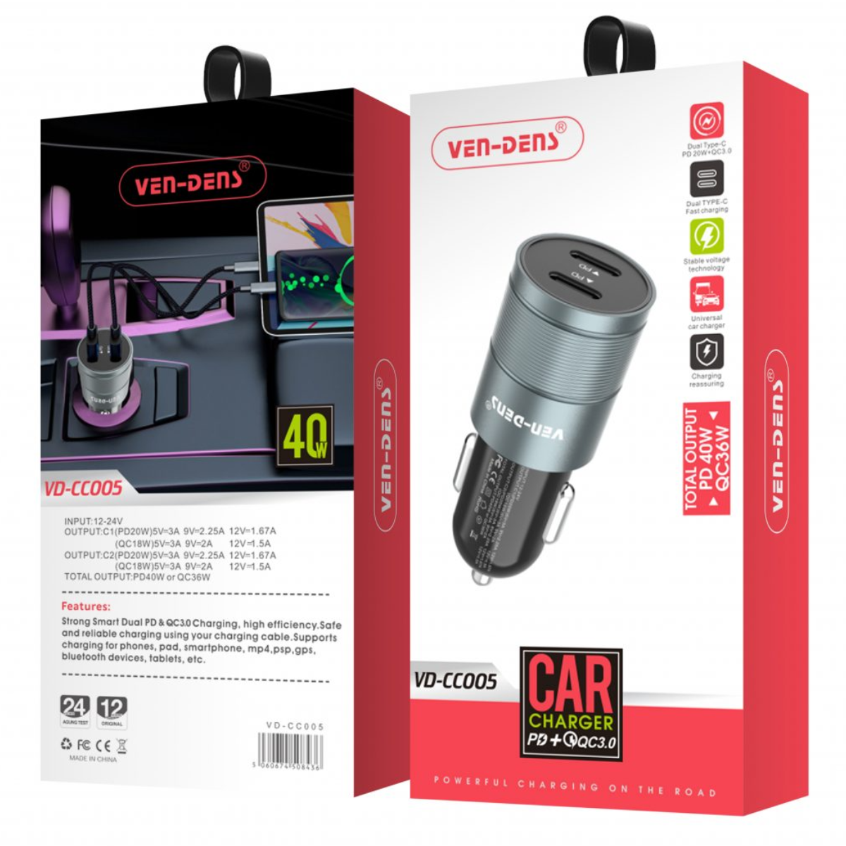 VEN DENS VD-CC005 40W Car Charger PD + QC 3.0