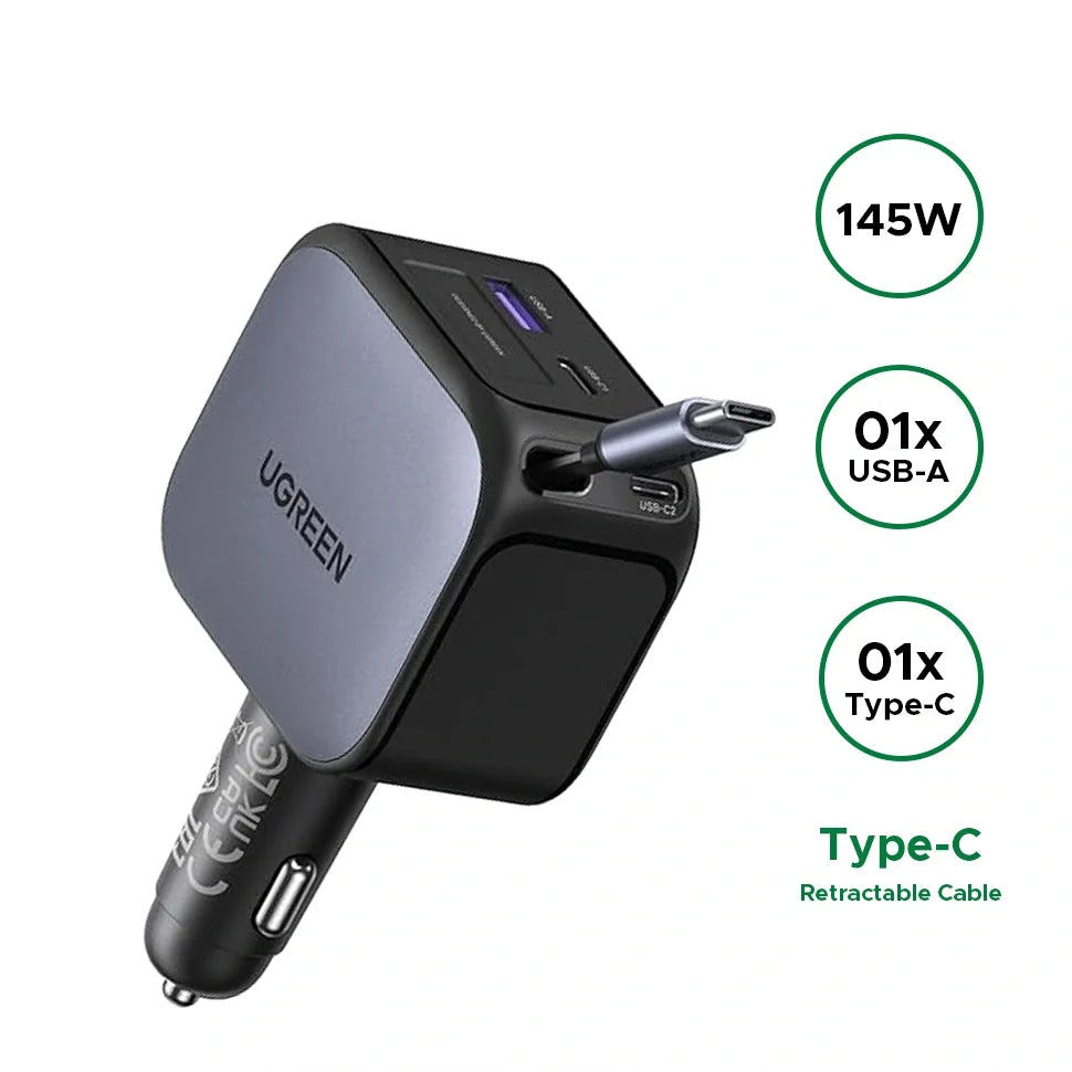UGREEN Nexode 145W Car charger 3C1A with built-in retractable cable 55910