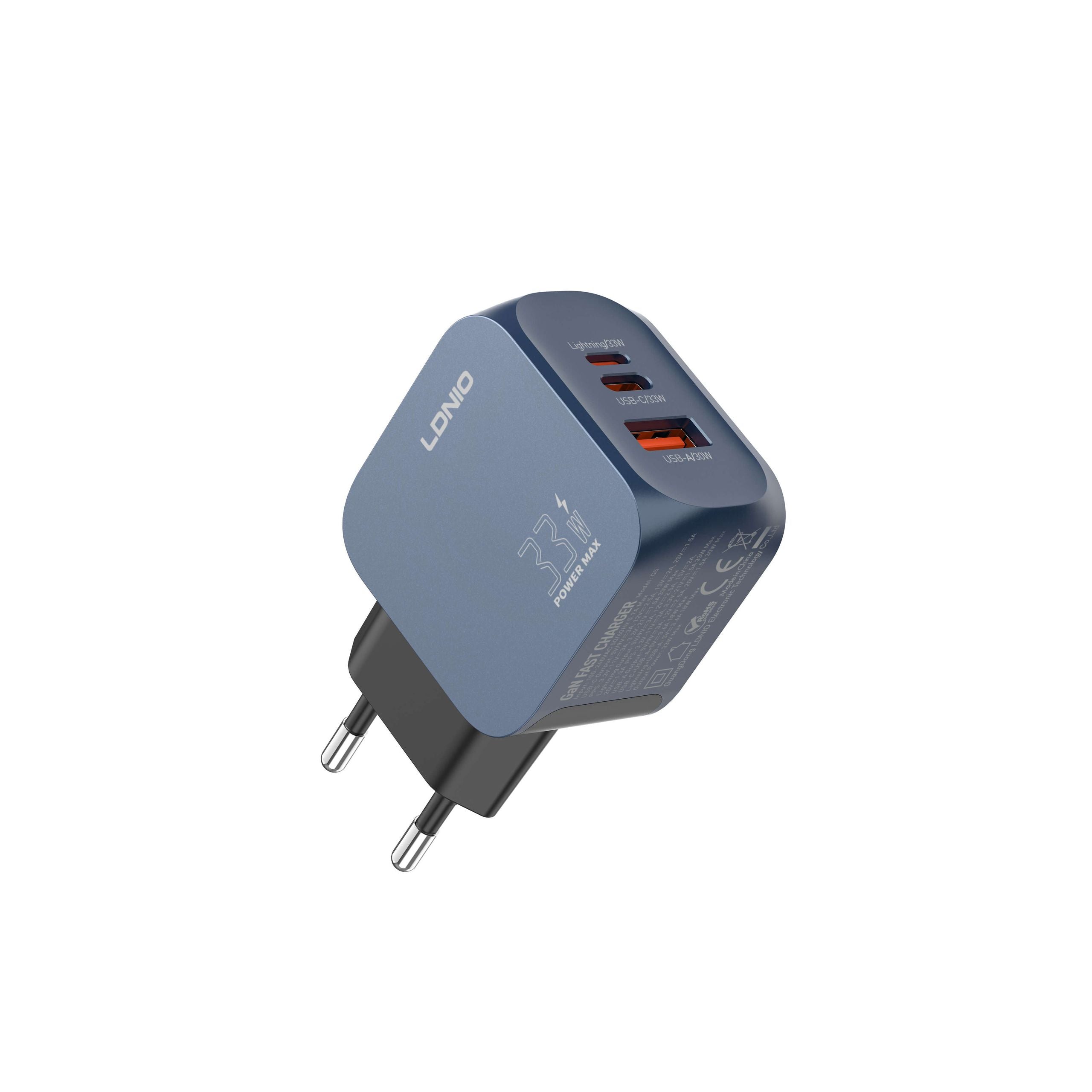 LDNIO Q5 Compact 33W GaN Charger Triple Port for iPhone & Android PPS 3.3-21V/1.5A Support iPhone Charger Fast Charger WITH C TO IP Cable