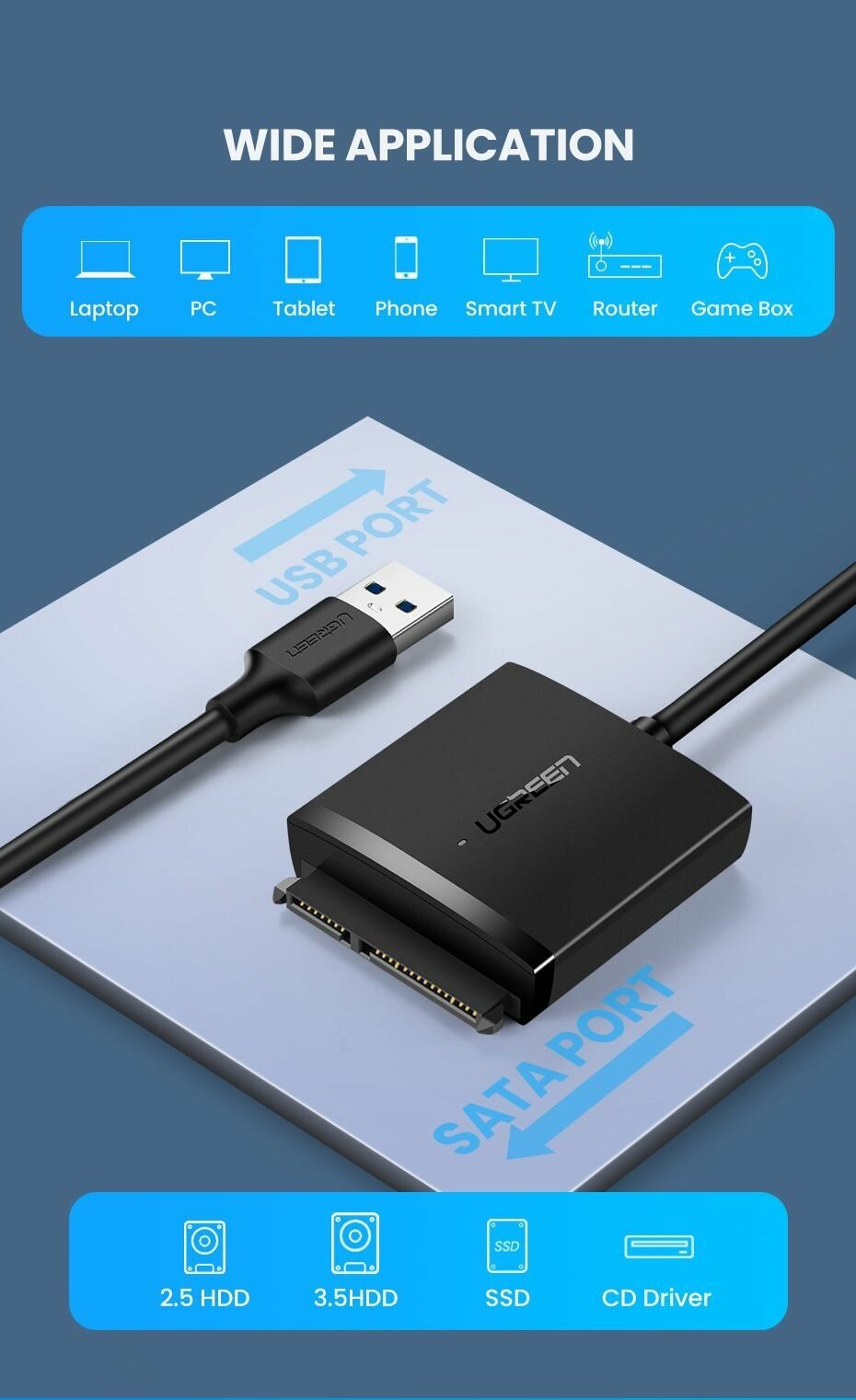 UGREEN CM257 USB3.0-turn 2.5/3.5-inch SATA hard disk converter circular wire with 12V power supply interface 60561