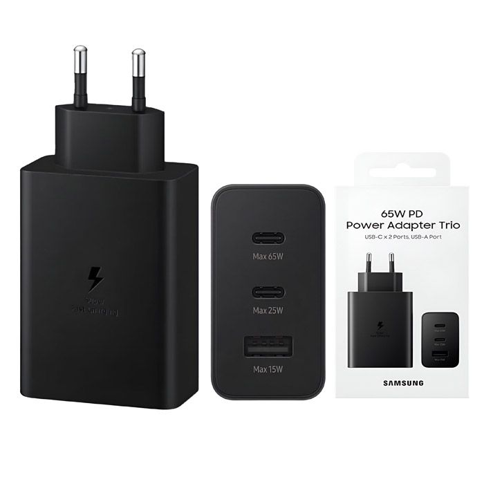 Samsung 65W USB-C Power Delivery Adapter (US Plug) with Trio Ports (2 x USB-C, 1 x USB-A) With C-C CABLE