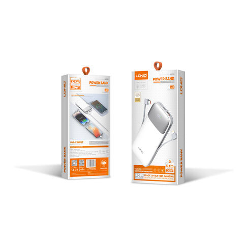 LDNIO PQ19 10000mAh 22.5W USB-C Fast Charging Power Banks smart LED Display Built-in Charging Cable Power Bank