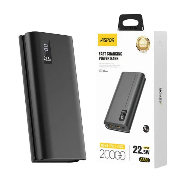 Aspor A336 20000mAh 22.5W PD + QC 3.0 LCD Display Power Bank