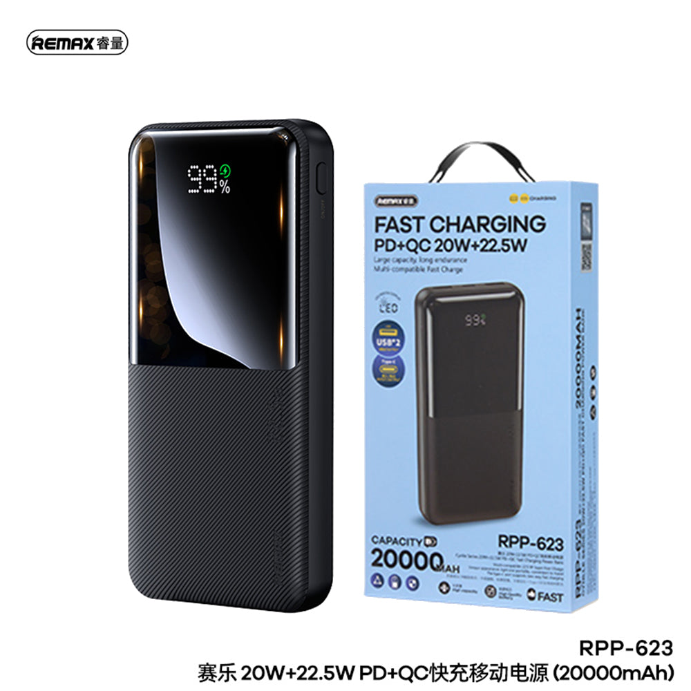 REMAX 20000mAh RPP-623 PD 20W+QC 22.5W Fast Charging Cynlle Series Power Bank Black